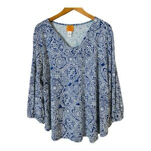NEW NWT Ruby Rd. Blue White Textured Patterned Balloon Sleeve Blouse 2X
